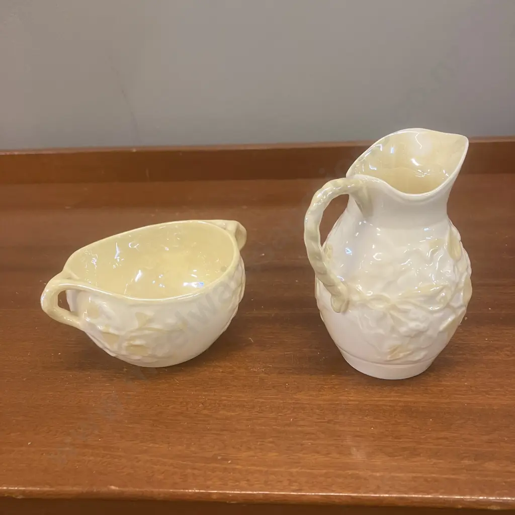 Belleek Ivy Pattern Ivory & Yellow Creamer & Sugar Bowl - Green Back Stamp, Made In Ireland Image 1++