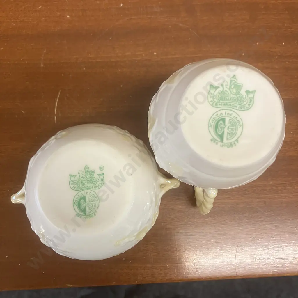 Belleek Ivy Pattern Ivory & Yellow Creamer & Sugar Bowl - Green Back Stamp, Made In Ireland Image 1++