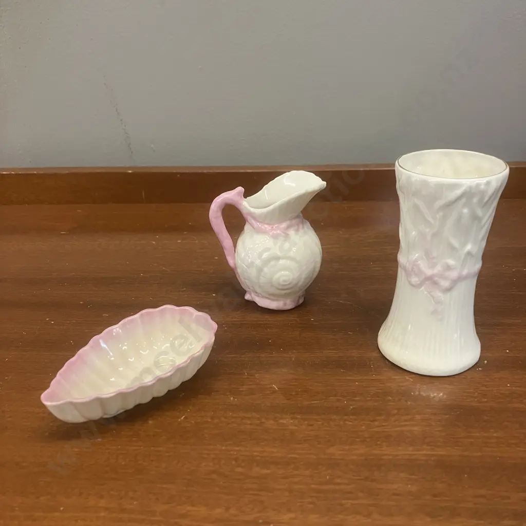 Antique Belleek Pink Toy Shell Creamer, Belleek Shell Open Salt Dish (Black Stamps) & Typha Spill Vase (Blue Stamp) Image 1++