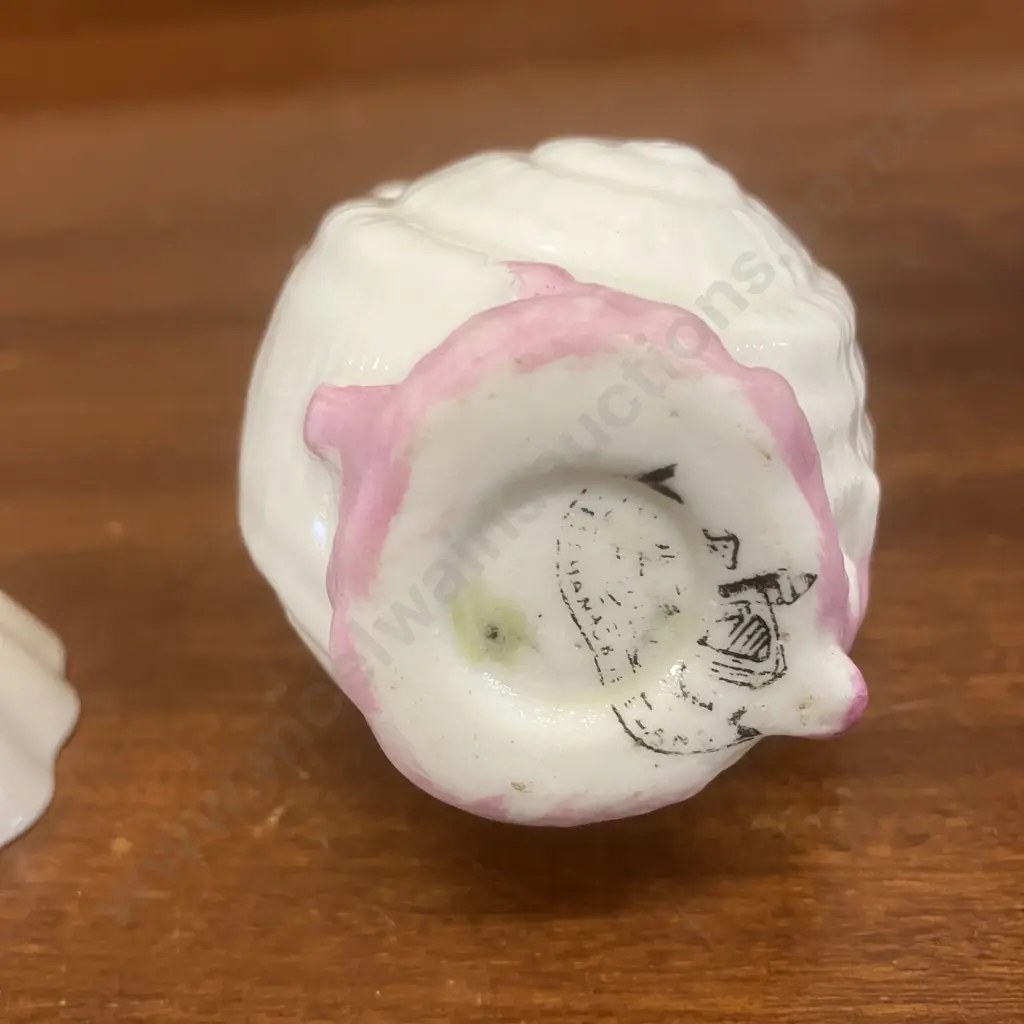 Antique Belleek Pink Toy Shell Creamer, Belleek Shell Open Salt Dish (Black Stamps) & Typha Spill Vase (Blue Stamp) Image 1++