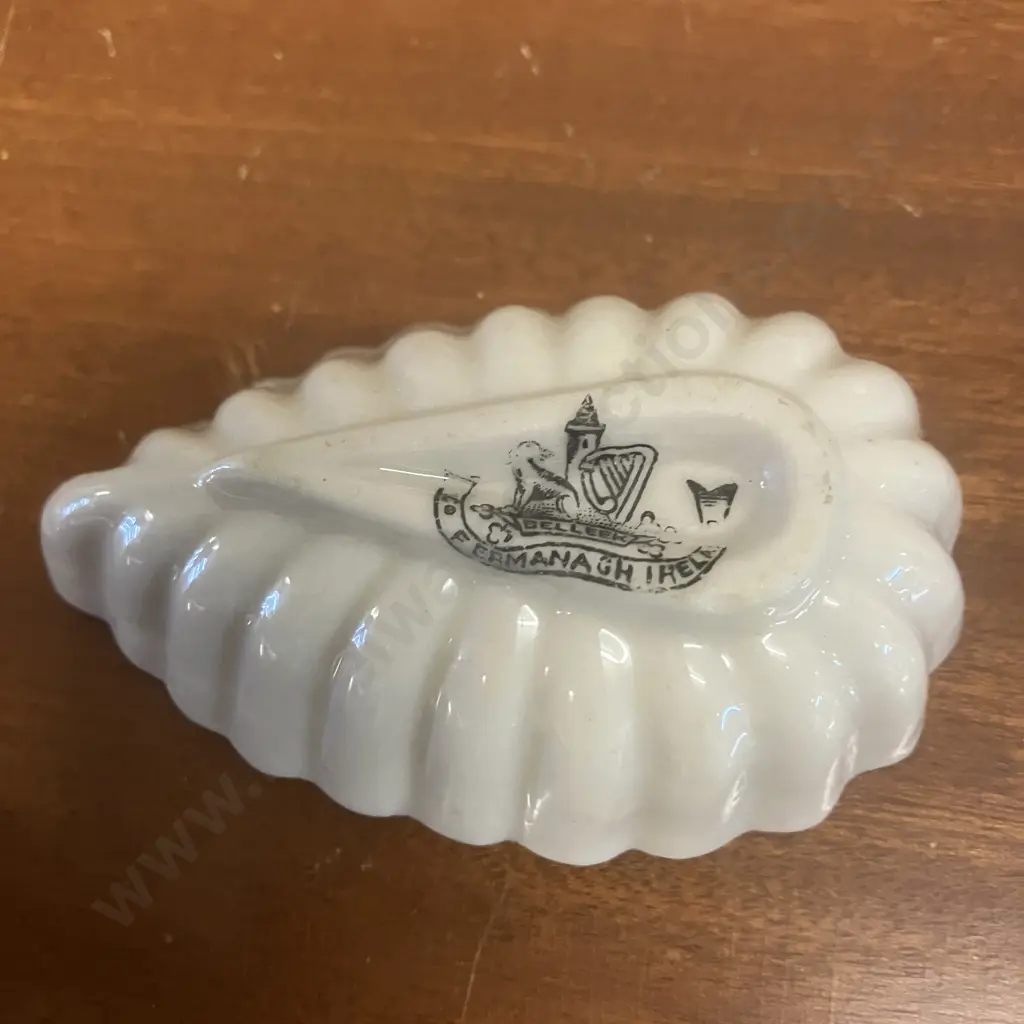 Antique Belleek Pink Toy Shell Creamer, Belleek Shell Open Salt Dish (Black Stamps) & Typha Spill Vase (Blue Stamp) Image 1++