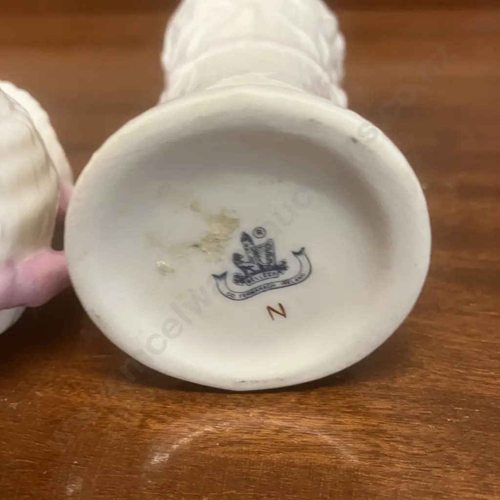 Antique Belleek Pink Toy Shell Creamer, Belleek Shell Open Salt Dish (Black Stamps) & Typha Spill Vase (Blue Stamp) Image 1++