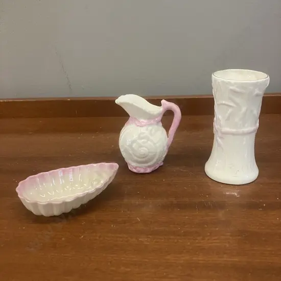 Antique Belleek Pink Toy Shell Creamer, Belleek Shell Open Salt Dish (Black Stamps) & Typha Spill Vase (Blue Stamp)