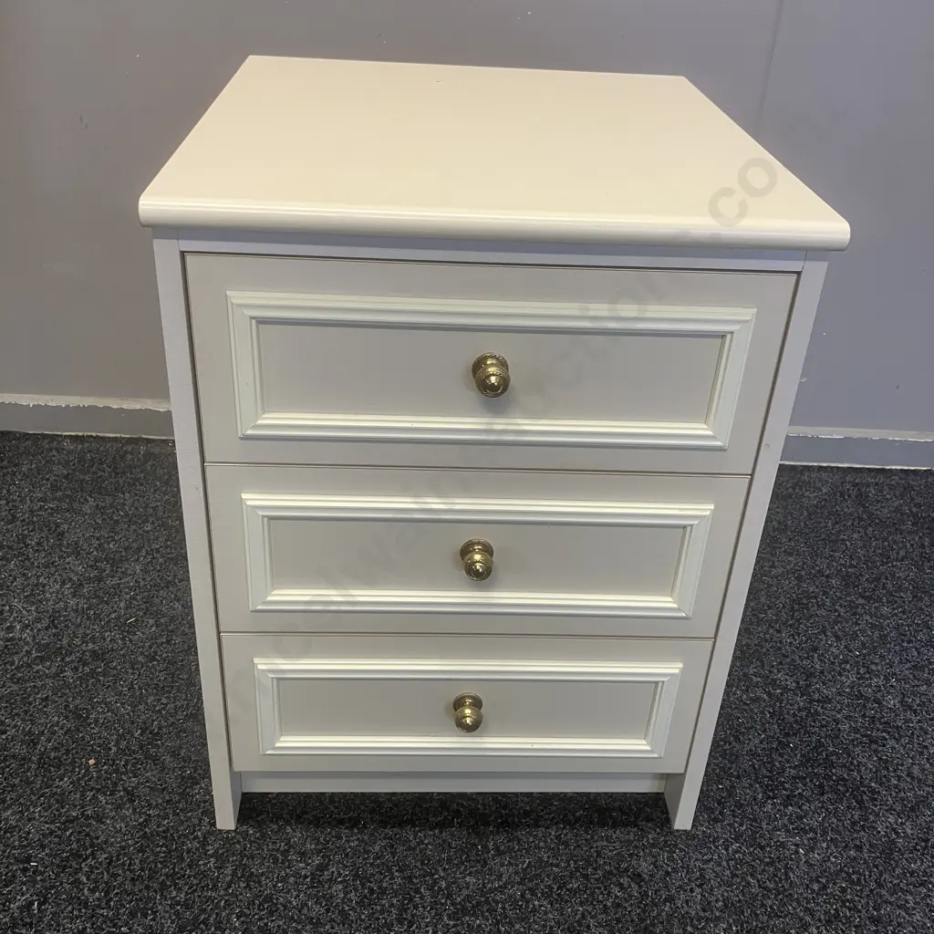 White 3 Drawer Bedside With Brass Handles. H59 W45 D49cm Image 1++