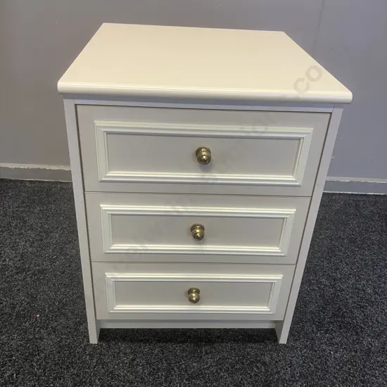 White 3 Drawer Bedside With Brass Handles. H59 W45 D49cm