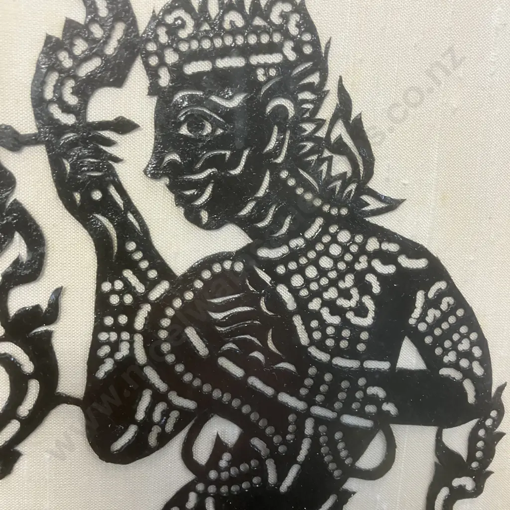 Vintage Framed  Thai Art - Thai Siam Dancers Buffalo Hide Leather Cut Outs c1960's. 42.5 x 37.5cm Image 1++