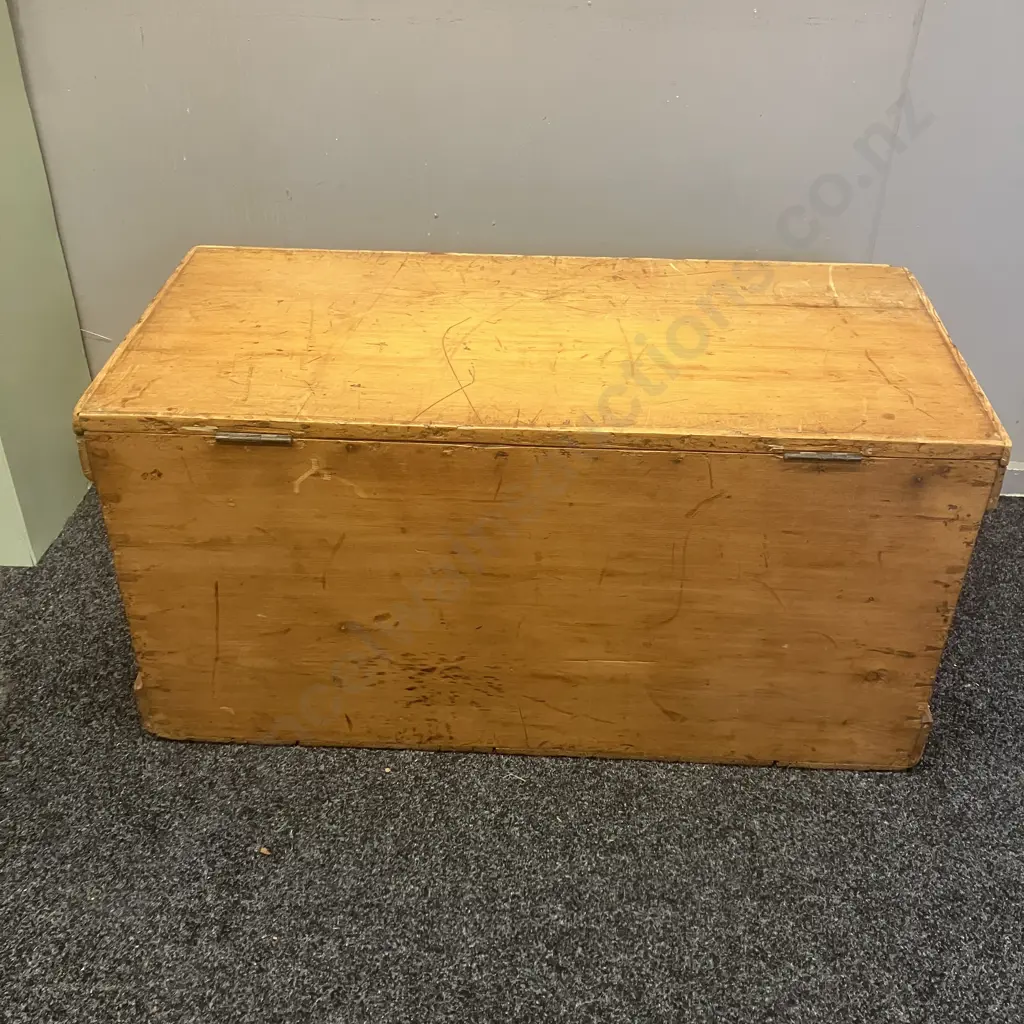Large Vintage Baltic Pine Chest / Trunk With Steel Side Handles & Lock. H46 W93.5 D45cm Image 1++
