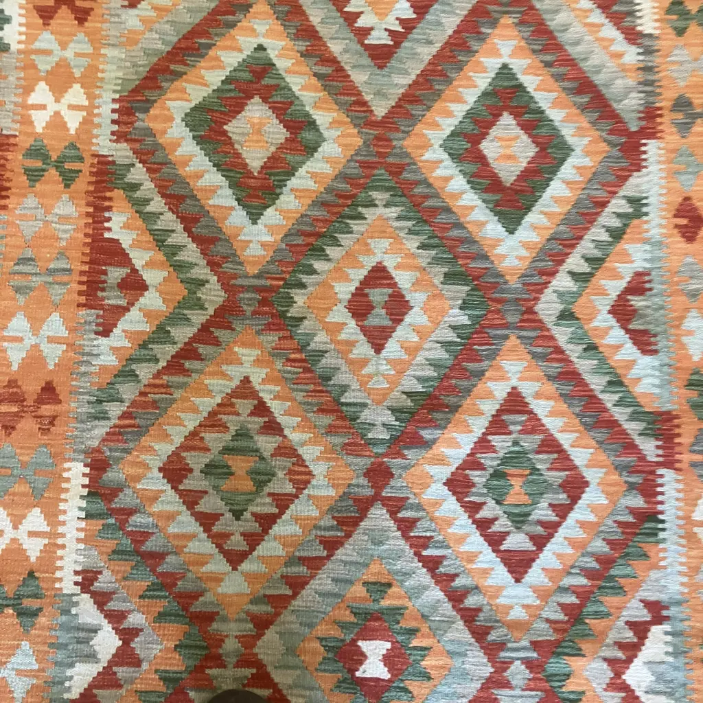 Floor Rug - Reds, Greens, Orange Geometric Patterned. 155 x 198cm Image 1++
