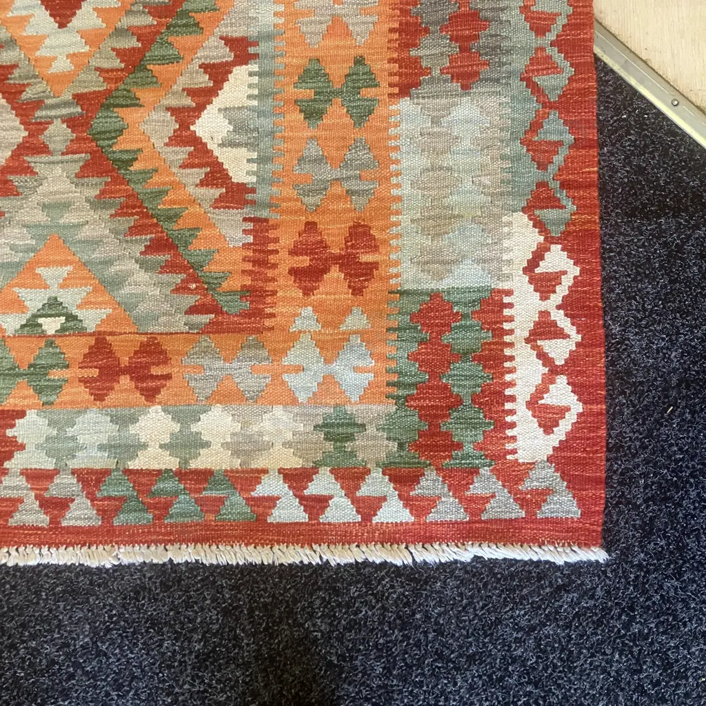 Floor Rug - Reds, Greens, Orange Geometric Patterned. 155 x 198cm Image 1++