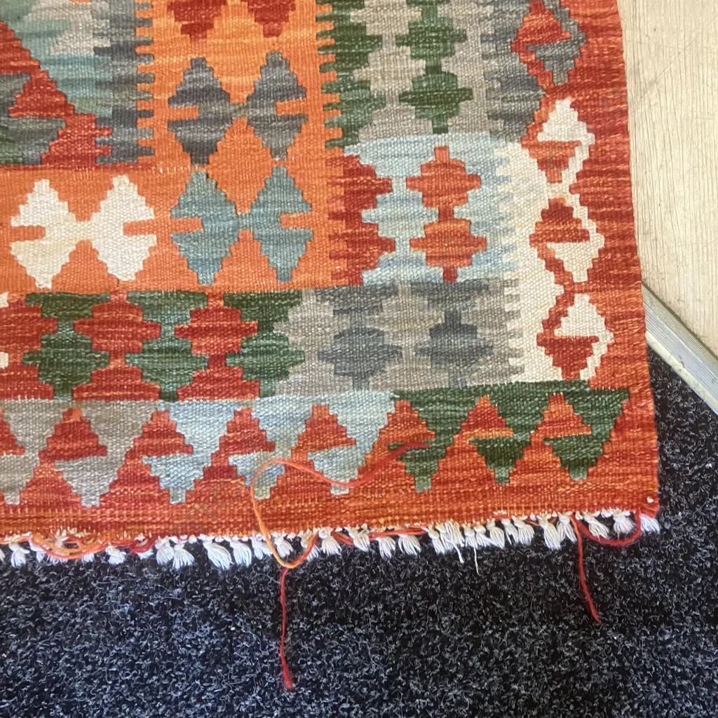 Floor Rug - Reds, Greens, Orange Geometric Patterned. 155 x 198cm Image 1++