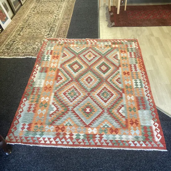Floor Rug - Reds, Greens, Orange Geometric Patterned. 155 x 198cm