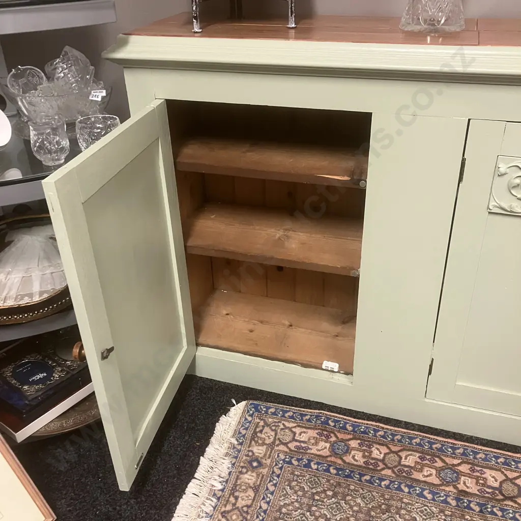 Large Sideboard / Cupboard Base Painted Green With Natural Top. H94 W201 D37cm (Top Loose) Image 1++
