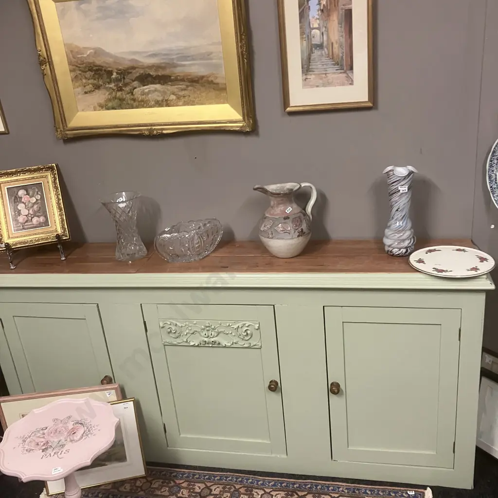 Large Sideboard / Cupboard Base Painted Green With Natural Top. H94 W201 D37cm (Top Loose) Image 1++