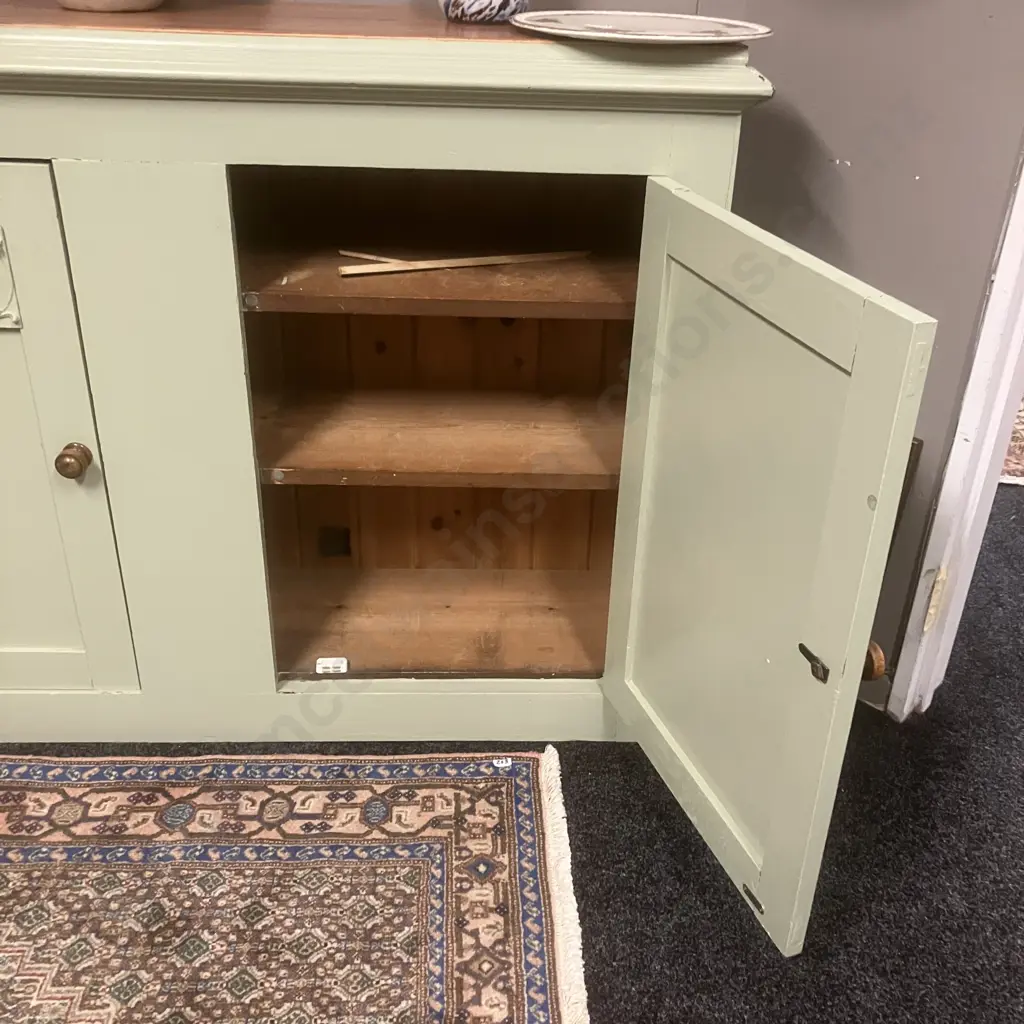 Large Sideboard / Cupboard Base Painted Green With Natural Top. H94 W201 D37cm (Top Loose) Image 1++
