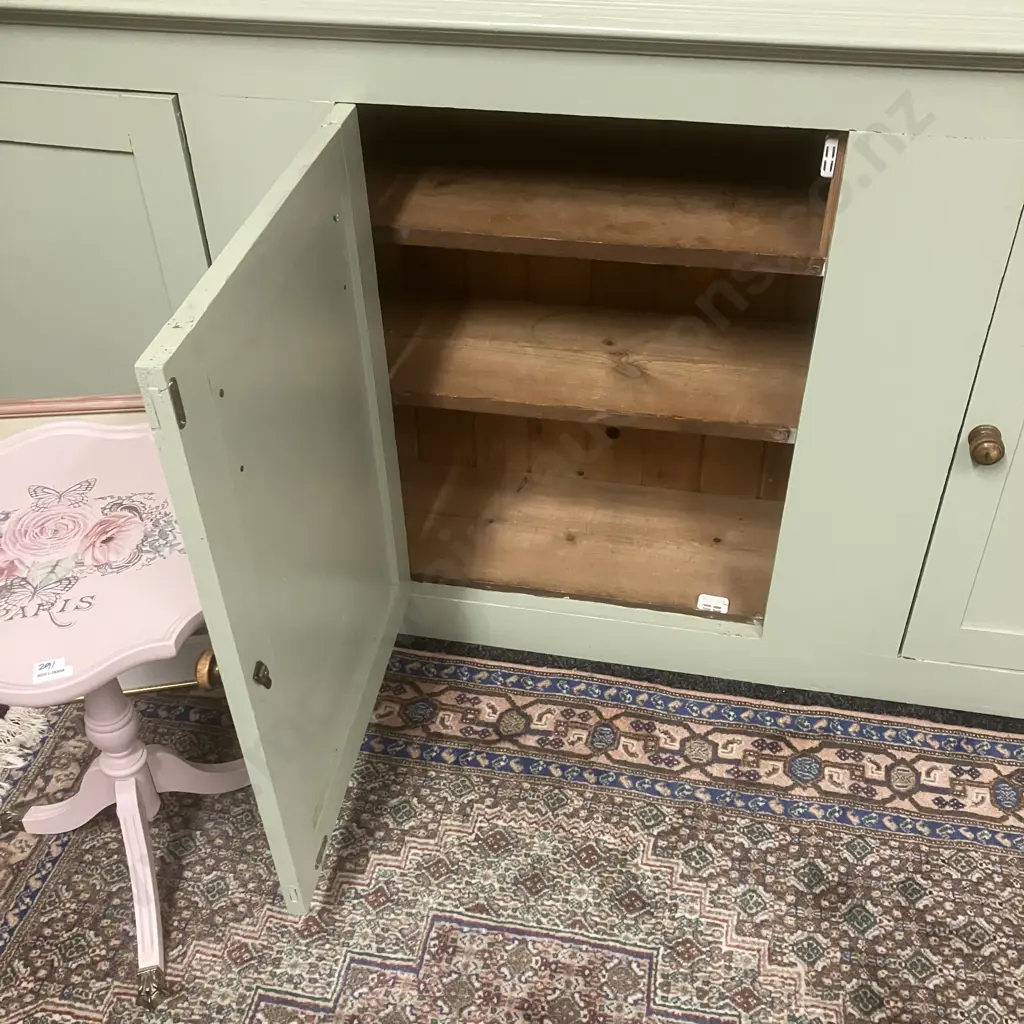 Large Sideboard / Cupboard Base Painted Green With Natural Top. H94 W201 D37cm (Top Loose) Image 1++