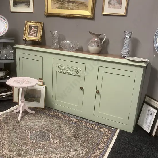 Large Sideboard / Cupboard Base Painted Green With Natural Top. H94 W201 D37cm (Top Loose)