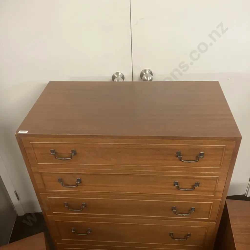Mid Century Modern Bedroom Suite - Pair of 3 Drawer Bedsides With 5 Drawer Tallboy (H111 W76 D39.5cm) Image 1++
