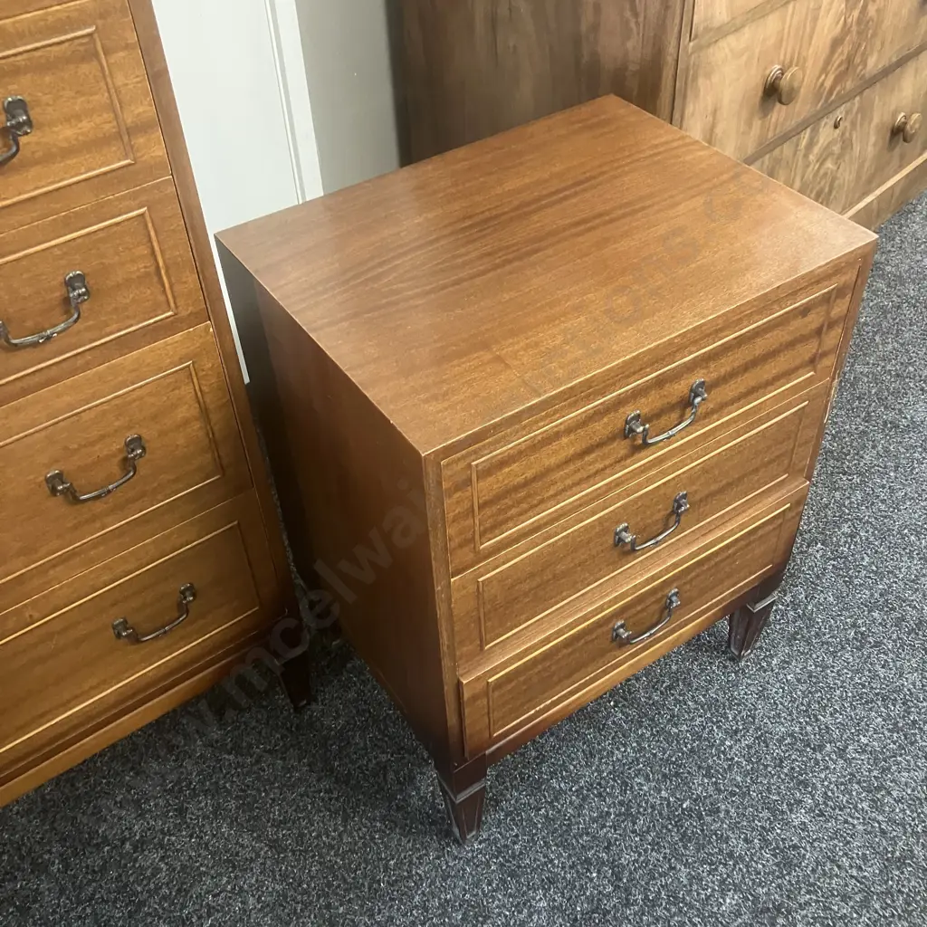 Mid Century Modern Bedroom Suite - Pair of 3 Drawer Bedsides With 5 Drawer Tallboy (H111 W76 D39.5cm) Image 1++