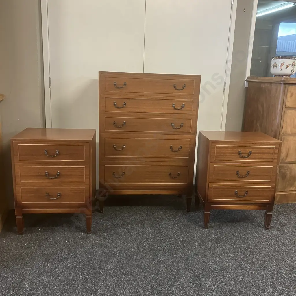 Mid Century Modern Bedroom Suite - Pair of 3 Drawer Bedsides With 5 Drawer Tallboy (H111 W76 D39.5cm) Image 1++