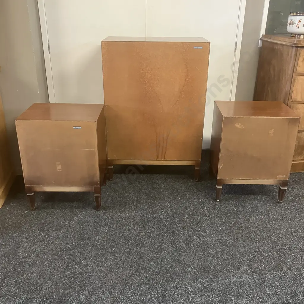 Mid Century Modern Bedroom Suite - Pair of 3 Drawer Bedsides With 5 Drawer Tallboy (H111 W76 D39.5cm) Image 1++