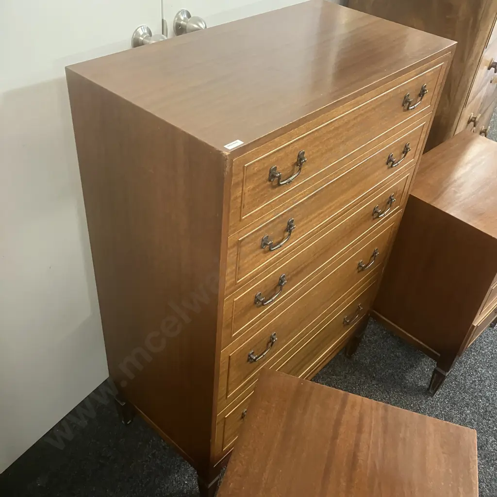 Mid Century Modern Bedroom Suite - Pair of 3 Drawer Bedsides With 5 Drawer Tallboy (H111 W76 D39.5cm) Image 1++