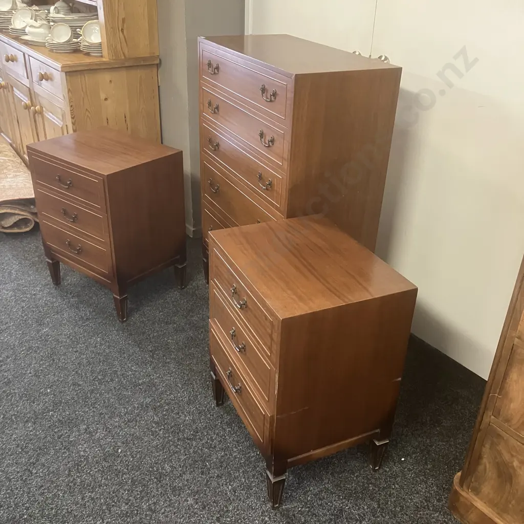 Mid Century Modern Bedroom Suite - Pair of 3 Drawer Bedsides With 5 Drawer Tallboy (H111 W76 D39.5cm) Image 1++