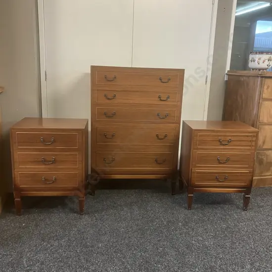 Mid Century Modern Bedroom Suite - Pair of 3 Drawer Bedsides With 5 Drawer Tallboy (H111 W76 D39.5cm)