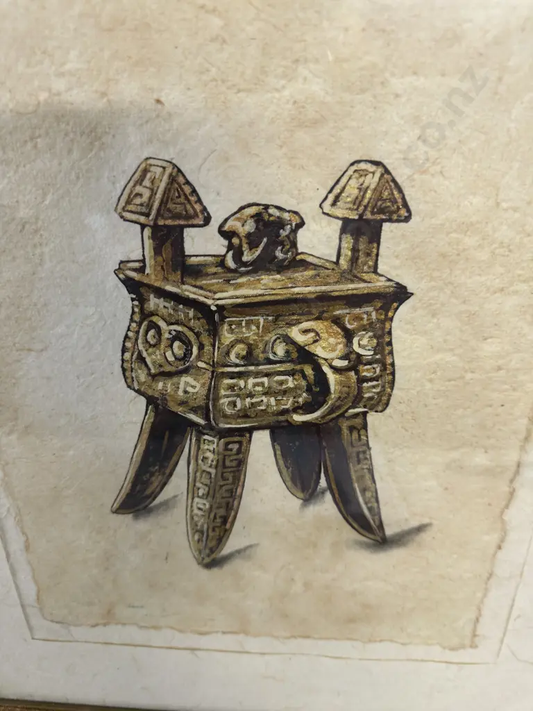 Gilt Framed Coffee Painting On Mulberry Paper & Chinese Bronze Art Vessel H50,W42cm. Image 1++