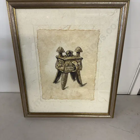 Gilt Framed Coffee Painting On Mulberry Paper & Chinese Bronze Art Vessel H50,W42cm.