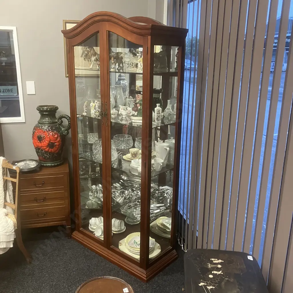 Mahogany Dome Top Display Cabinet. 2 Door, Mirror Backed, 4 Glass Shelves. H195 W92 D41cm Image 1++