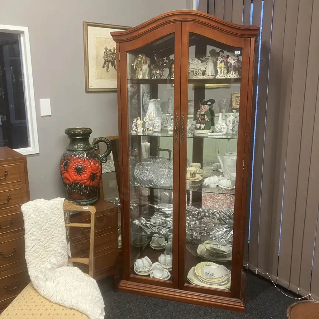Mahogany Dome Top Display Cabinet. 2 Door, Mirror Backed, 4 Glass Shelves. H195 W92 D41cm Image 1++