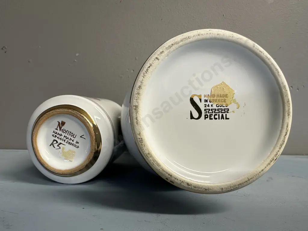 Vintage Handmade In Greece 24k Gold Detail Vase & Neotitou 24k Gold Detail Cylindrical Tumbler  Peacock Themed Image 1++