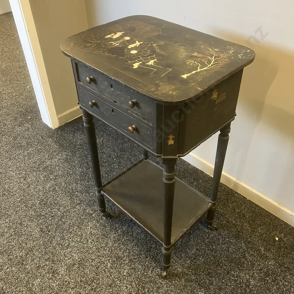 Antique Japanned 2 Drawer Desk Side Table With Writing Platform, On Castors. H74 W44.5 D35cm Image 1++