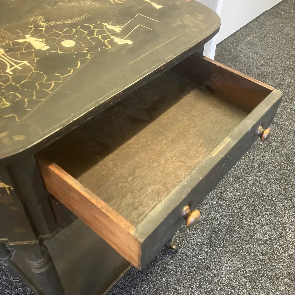 Antique Japanned 2 Drawer Desk Side Table With Writing Platform, On Castors. H74 W44.5 D35cm Image 1++
