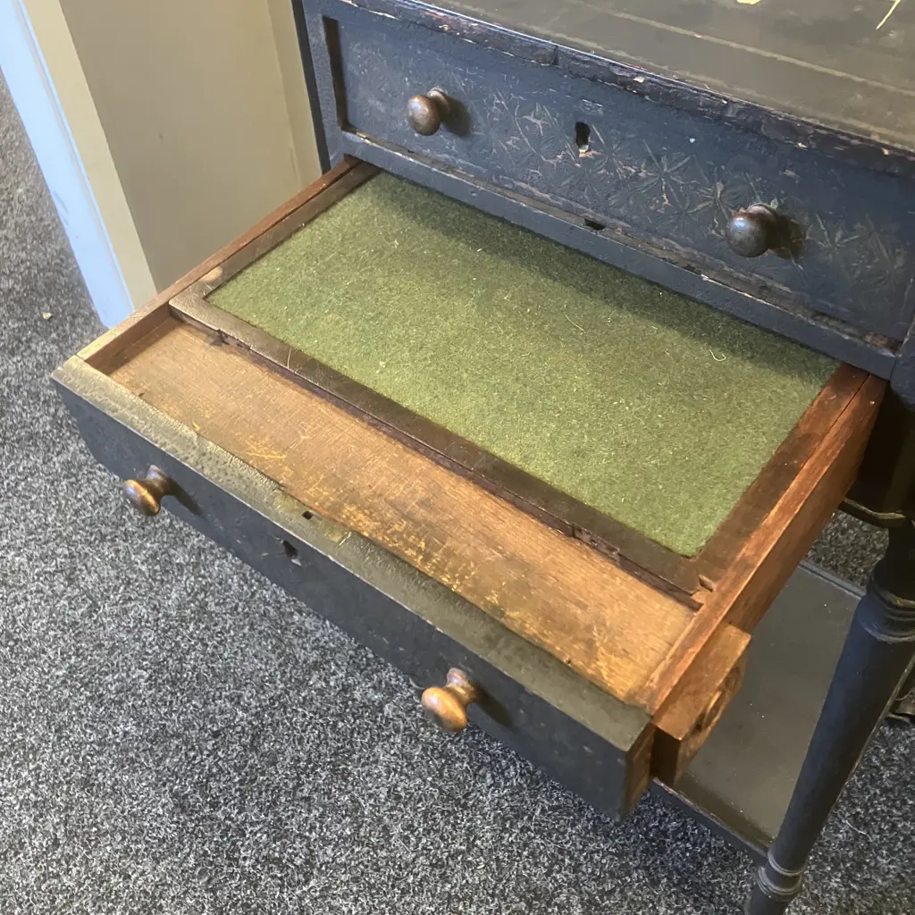 Antique Japanned 2 Drawer Desk Side Table With Writing Platform, On Castors. H74 W44.5 D35cm Image 1++
