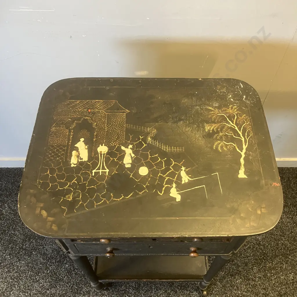 Antique Japanned 2 Drawer Desk Side Table With Writing Platform, On Castors. H74 W44.5 D35cm Image 1++