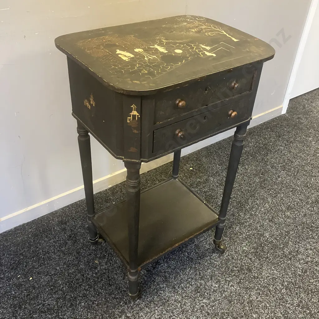 Antique Japanned 2 Drawer Desk Side Table With Writing Platform, On Castors. H74 W44.5 D35cm Image 1++