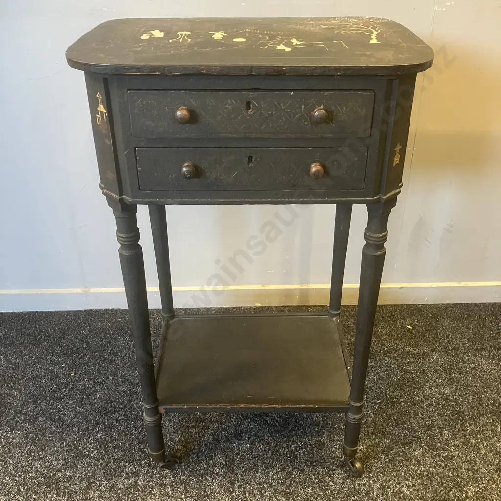Antique Japanned 2 Drawer Desk Side Table With Writing Platform, On Castors. H74 W44.5 D35cm Image 1++