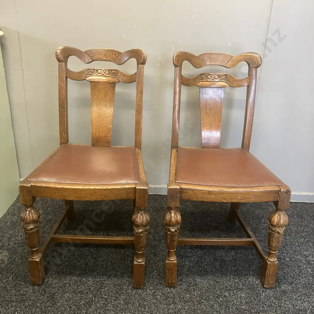 Pair of Antique Art Deco Side Chairs, Curved Back, Carved Legs With Brown Leather Upholstered Seats Image 1++