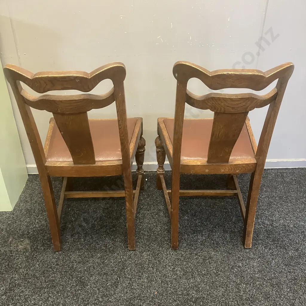 Pair of Antique Art Deco Side Chairs, Curved Back, Carved Legs With Brown Leather Upholstered Seats Image 1++