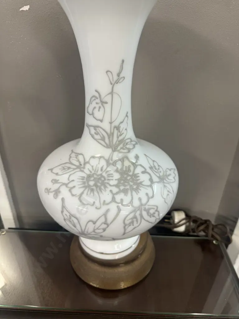 Vintage Mid-Century Milk Glass Table Lamp Base With Floral Etching Image 1++