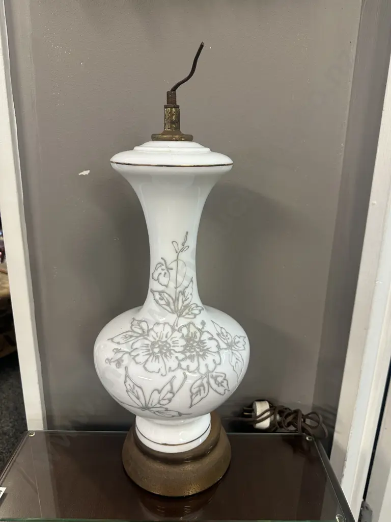 Vintage Mid-Century Milk Glass Table Lamp Base With Floral Etching Image 1++