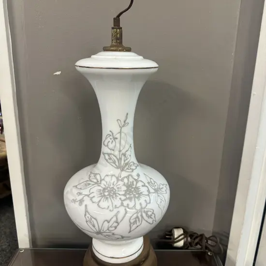 Vintage Mid-Century Milk Glass Table Lamp Base With Floral Etching