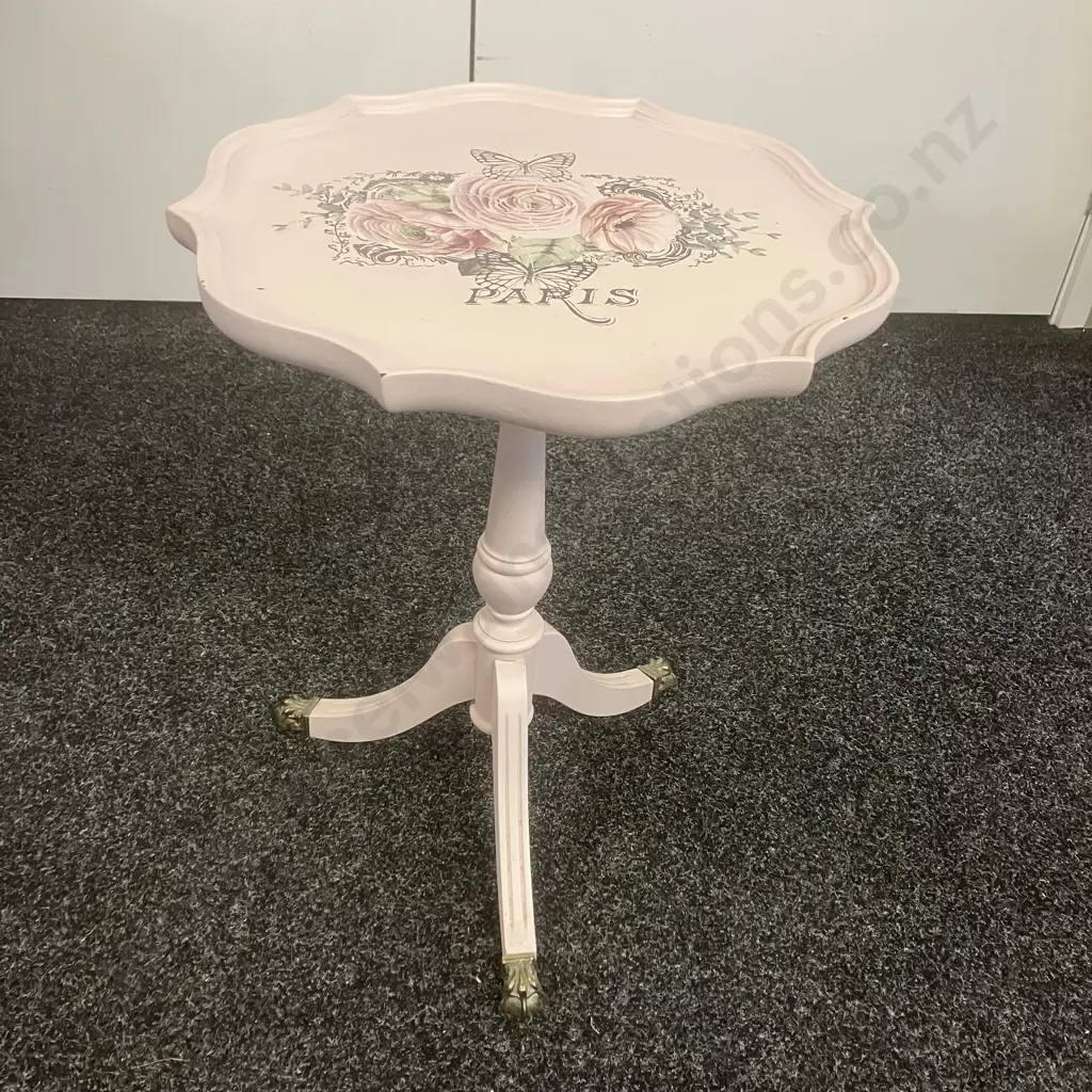 Pink Painted French Country Style Pedestal Table, Bevelled Top, Brass Claw Feet. 51 x 40.5cm Image 1++