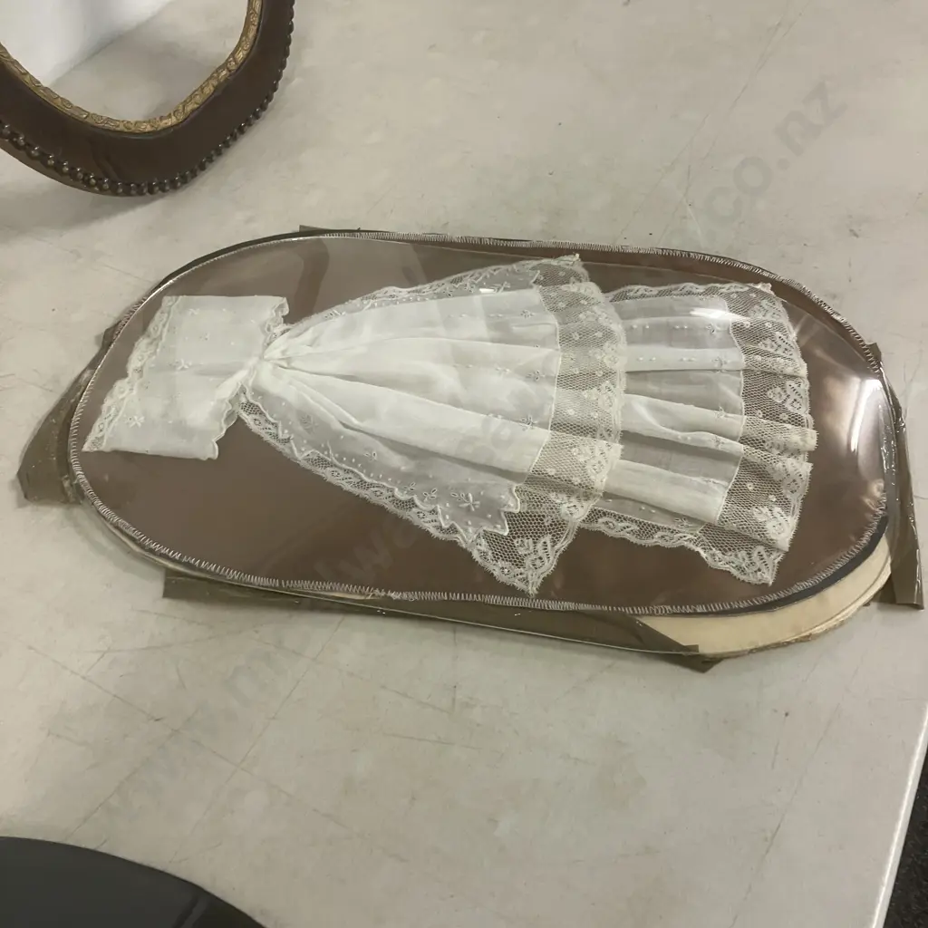 Lace Christening Gown In Antique Frame With Domed Glass Front & Round Needlepoint Table Top Cover With Glass Image 1++