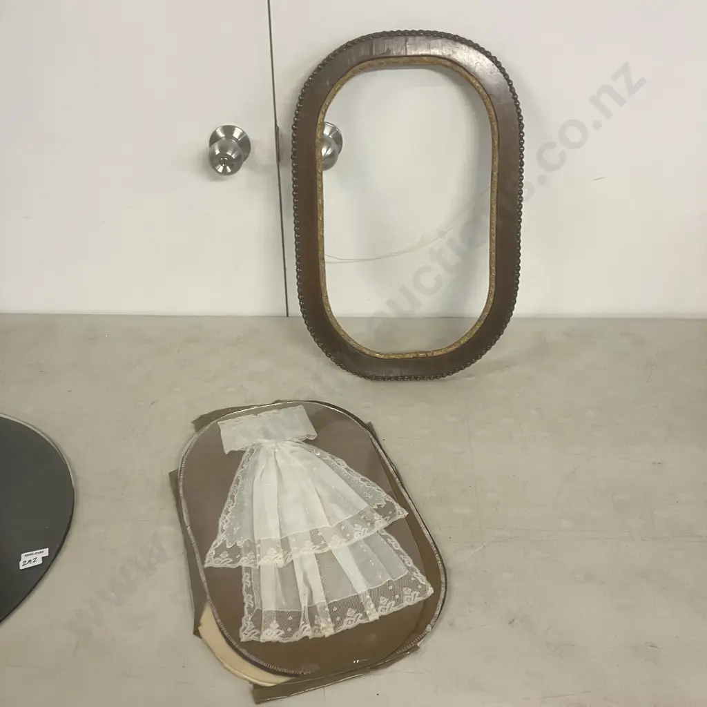 Lace Christening Gown In Antique Frame With Domed Glass Front & Round Needlepoint Table Top Cover With Glass Image 1++