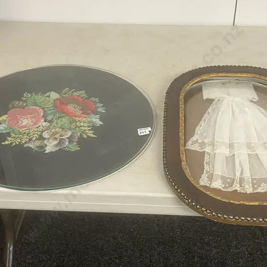 Lace Christening Gown In Antique Frame With Domed Glass Front & Round Needlepoint Table Top Cover With Glass