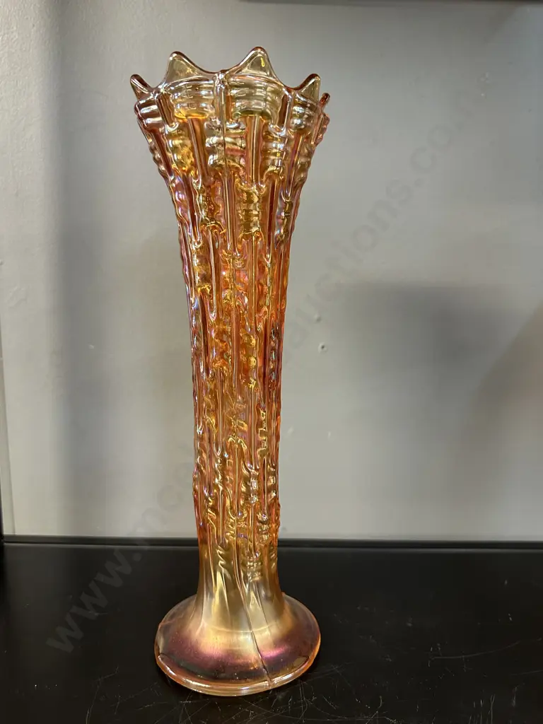 Vintage Dugan Carnival Glass Vase 'Big Basket Weave' Pattern Marigold Colour H27cm. Image 1++