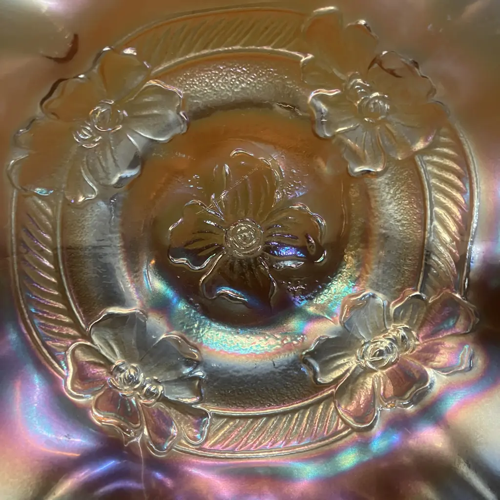 1920's Dugan Opalescent Carnival Glass Apple Blossom Marigold Ruffled 19cm Bowl Image 1++