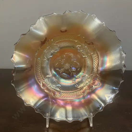 1920's Dugan Opalescent Carnival Glass Apple Blossom Marigold Ruffled 19cm Bowl